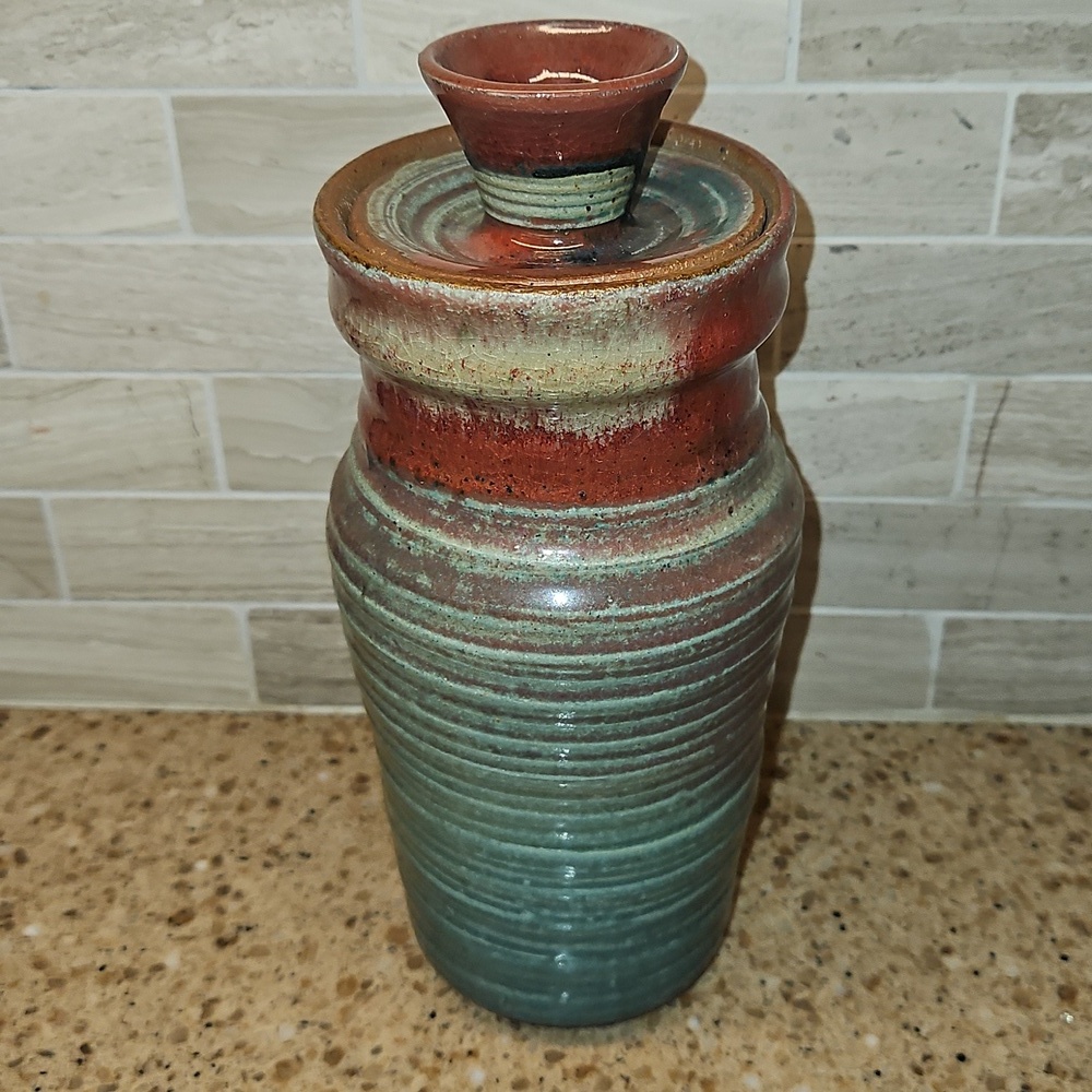 Art Pottery Vase With Lid Ribbed Design Signed